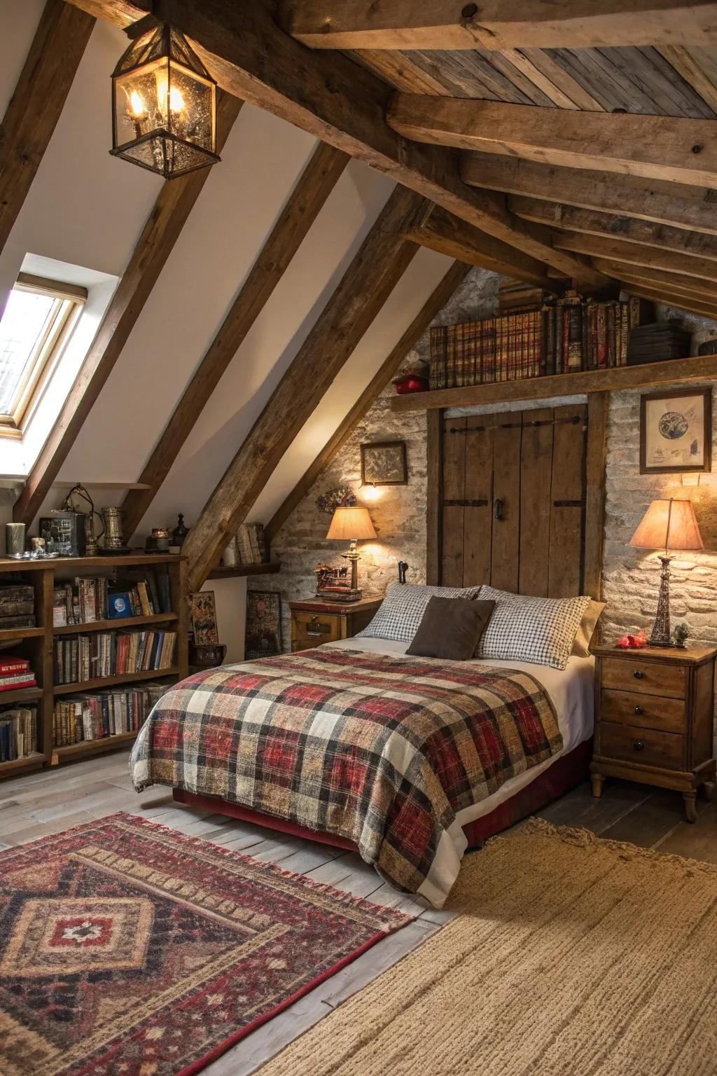 Exposed wooden beams add rustic charm to your attic retreat.