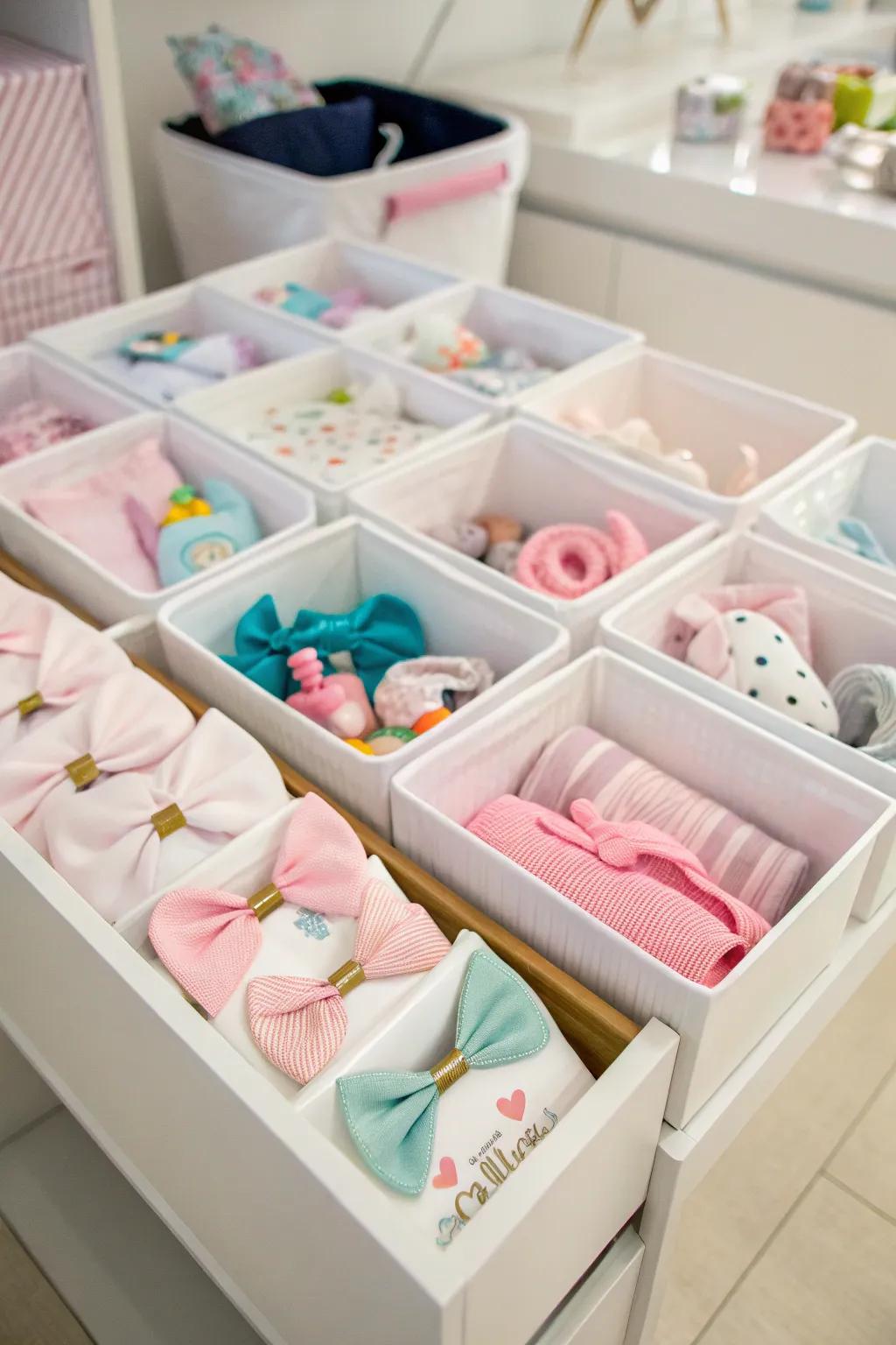 Efficient storage boxes designed for bows and baby supplies.