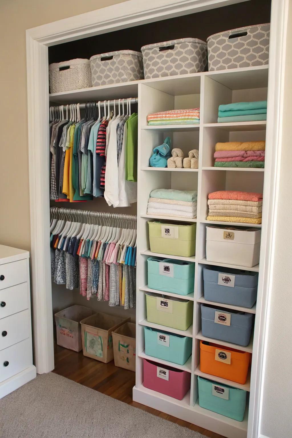 Tiered storage makes the most of closet space.