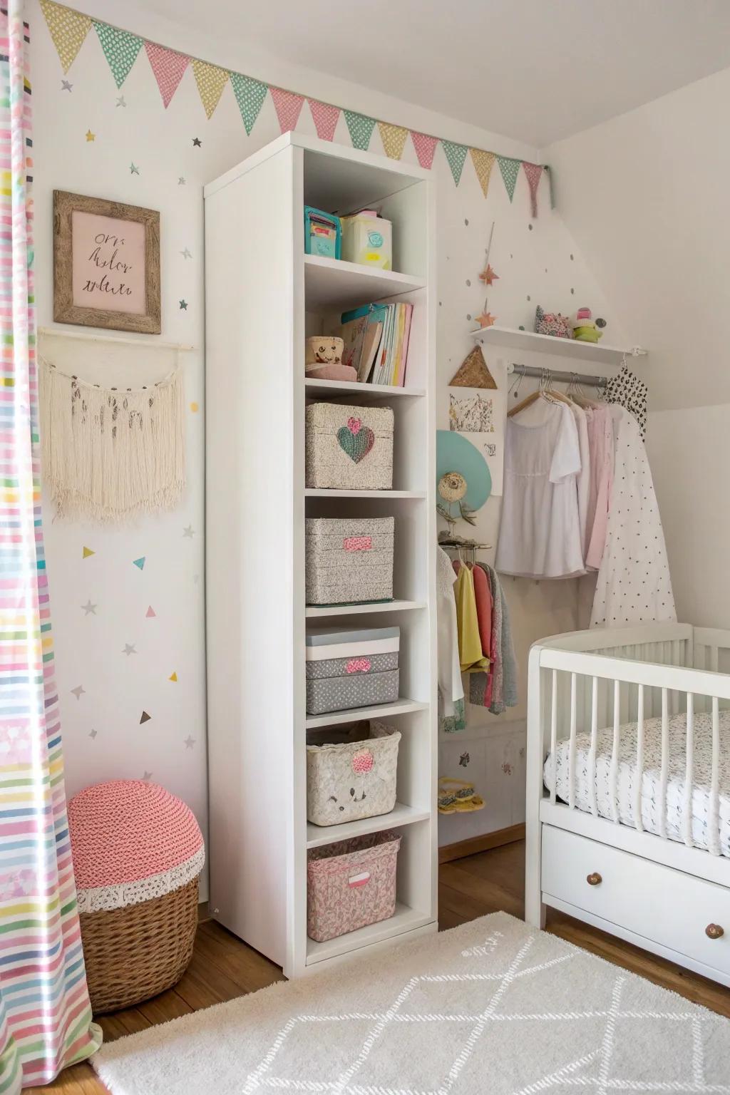You can improve the functionality and visual appeal of a baby corner by making effective use of the vertical space.