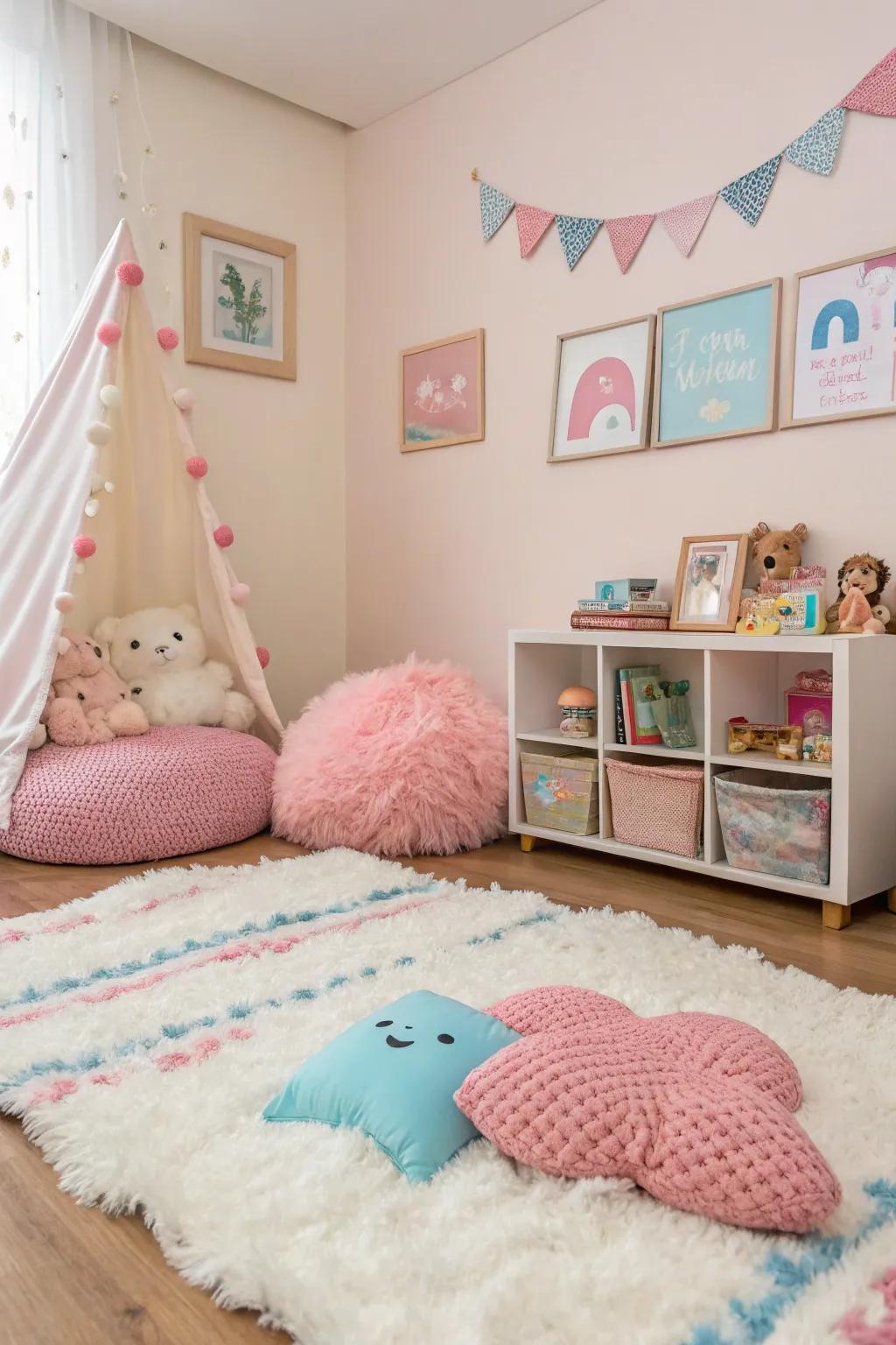 Playful accents incorporate charm and comfort throughout the space.