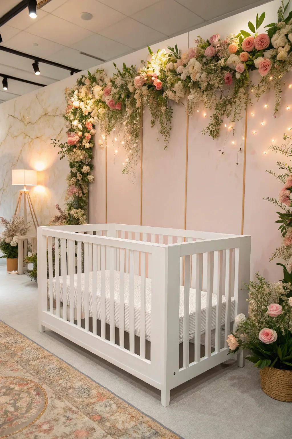 A modern crib gives a sleek touch to the floral nursery.