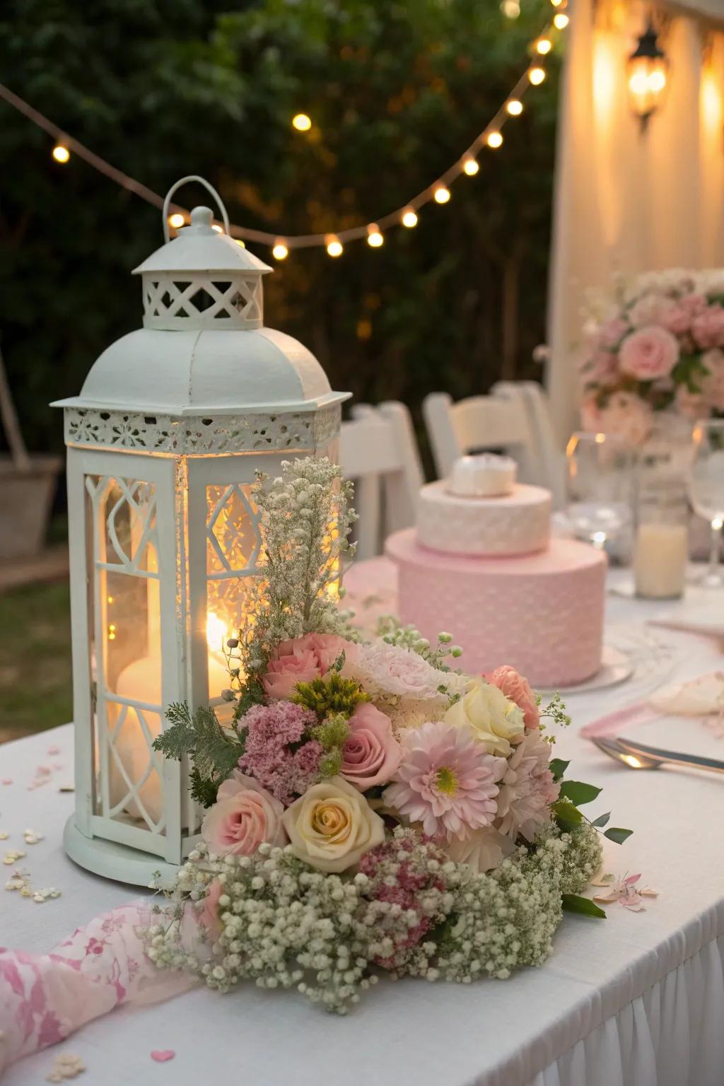 A glowing floral lantern centerpiece bringing evening grandeur