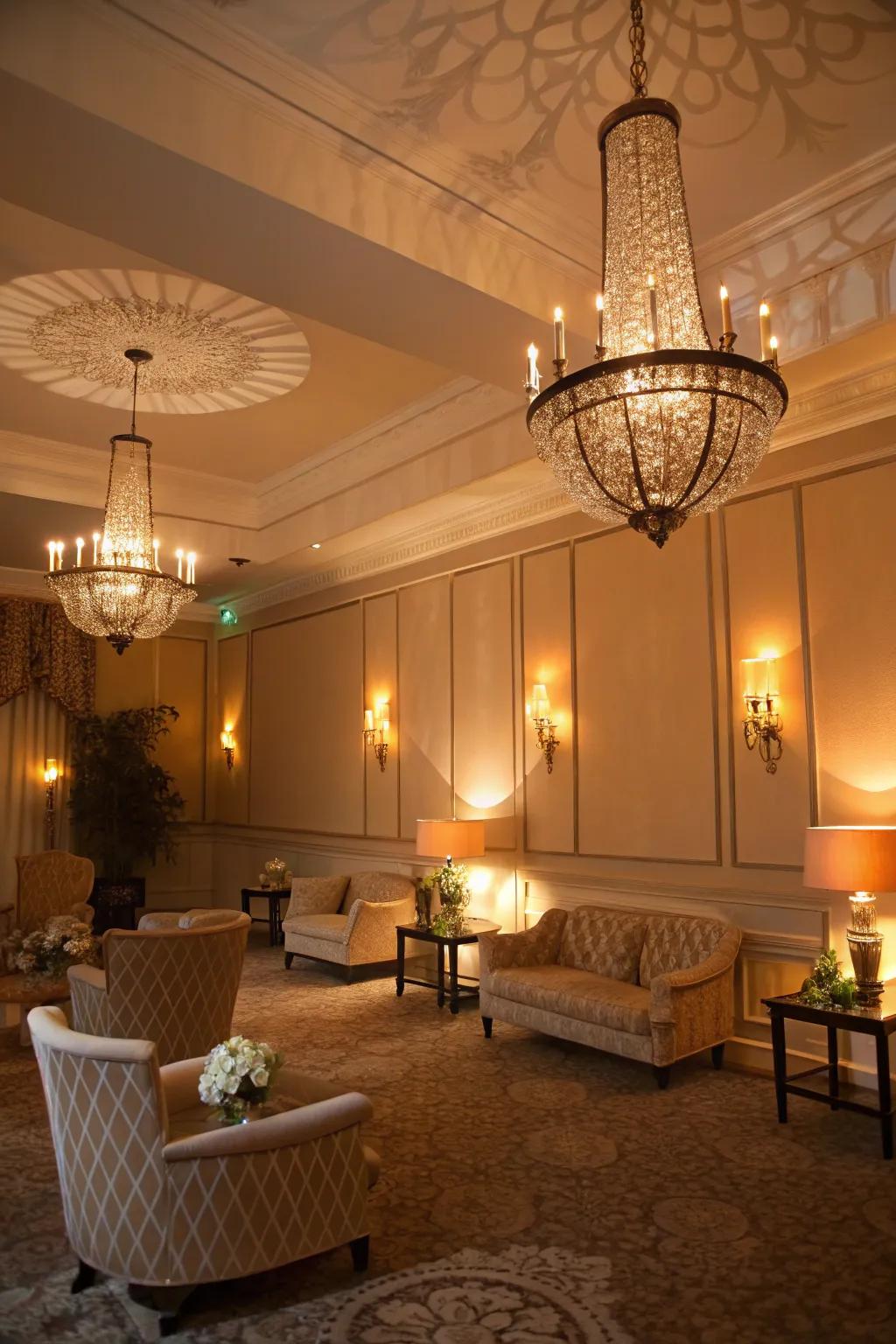 Background illumination from chandeliers adds a soft glow to the room.