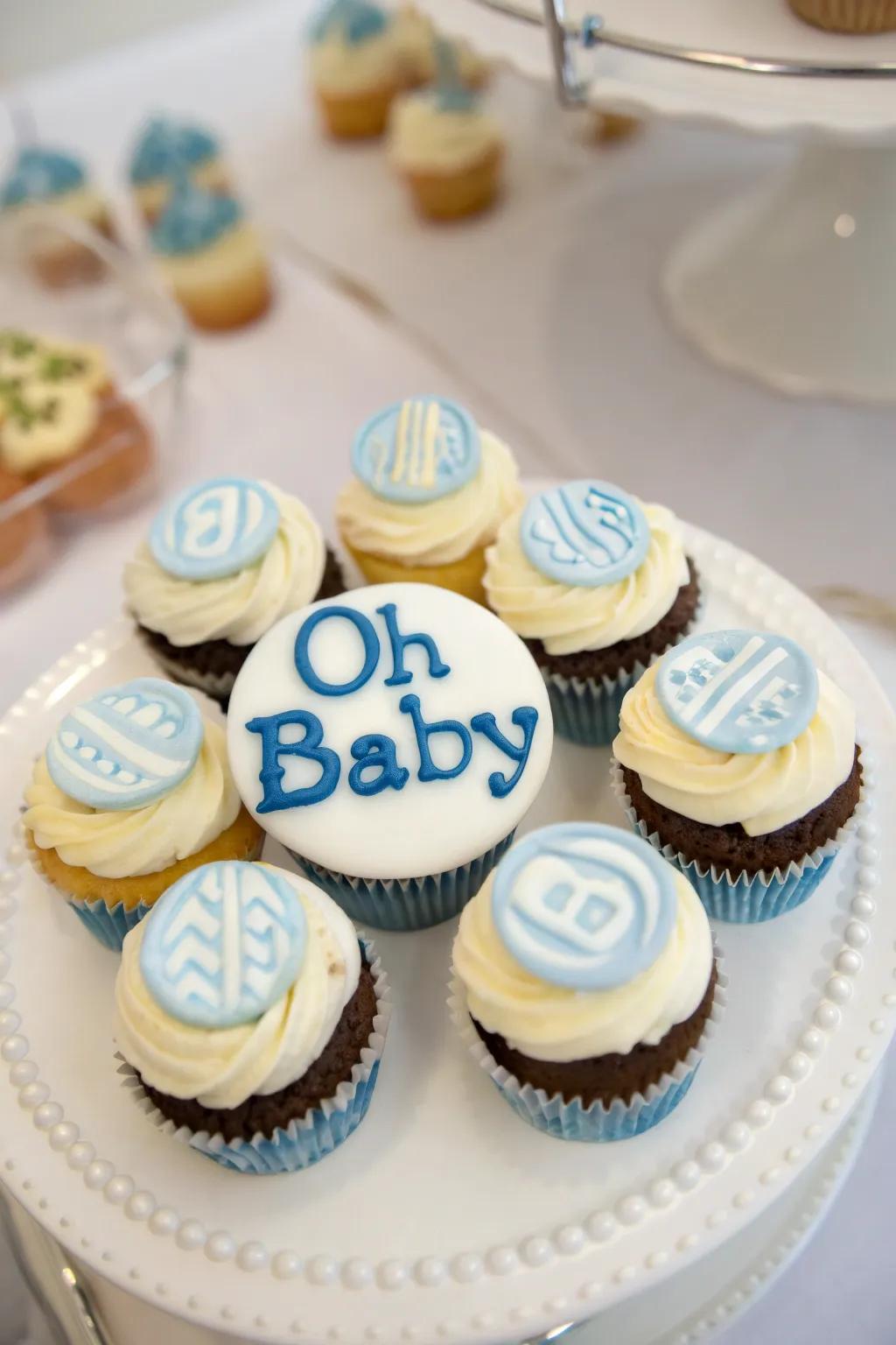 Cupcakes with 'Oh Baby' text, spreading a celebratory mood.