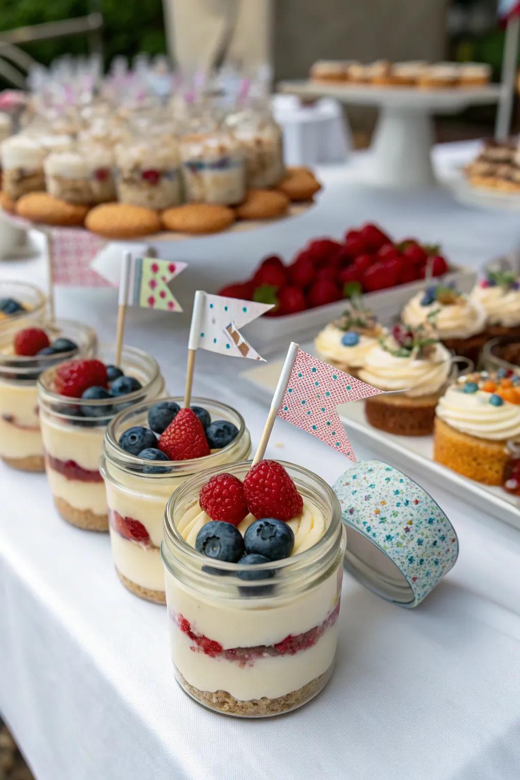 Individual cream cheese desserts in jars with decorative details.