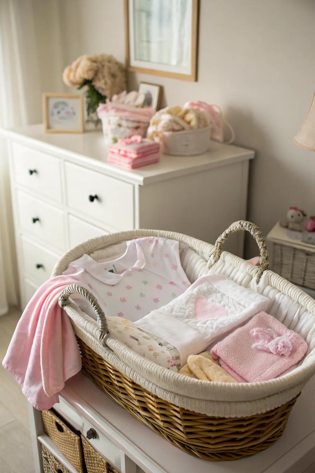 A charming diaper cradle overflowing with essentials for the new parents.