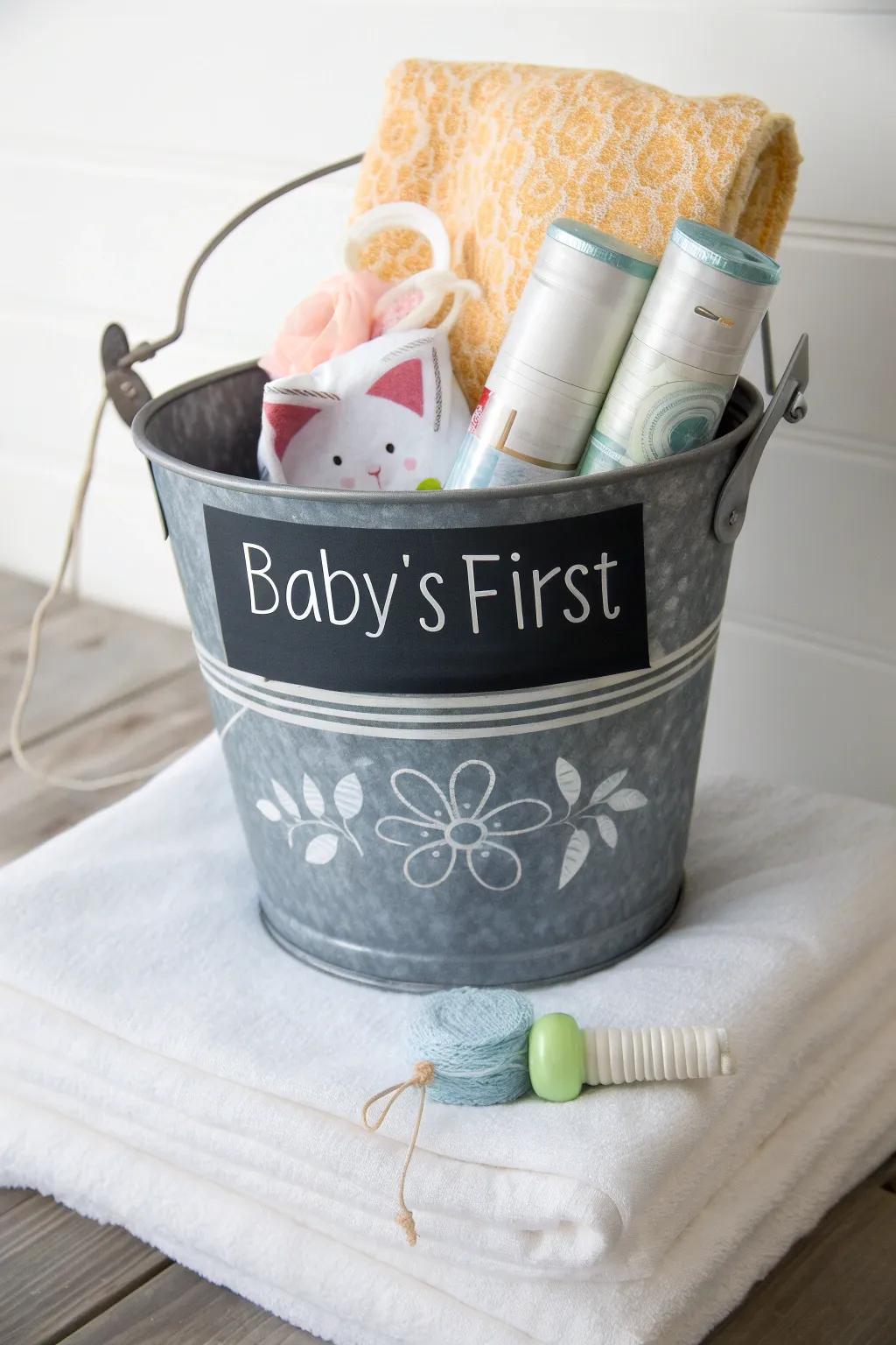 A personalized metal pail for a memorable and adaptable baby shower gift.