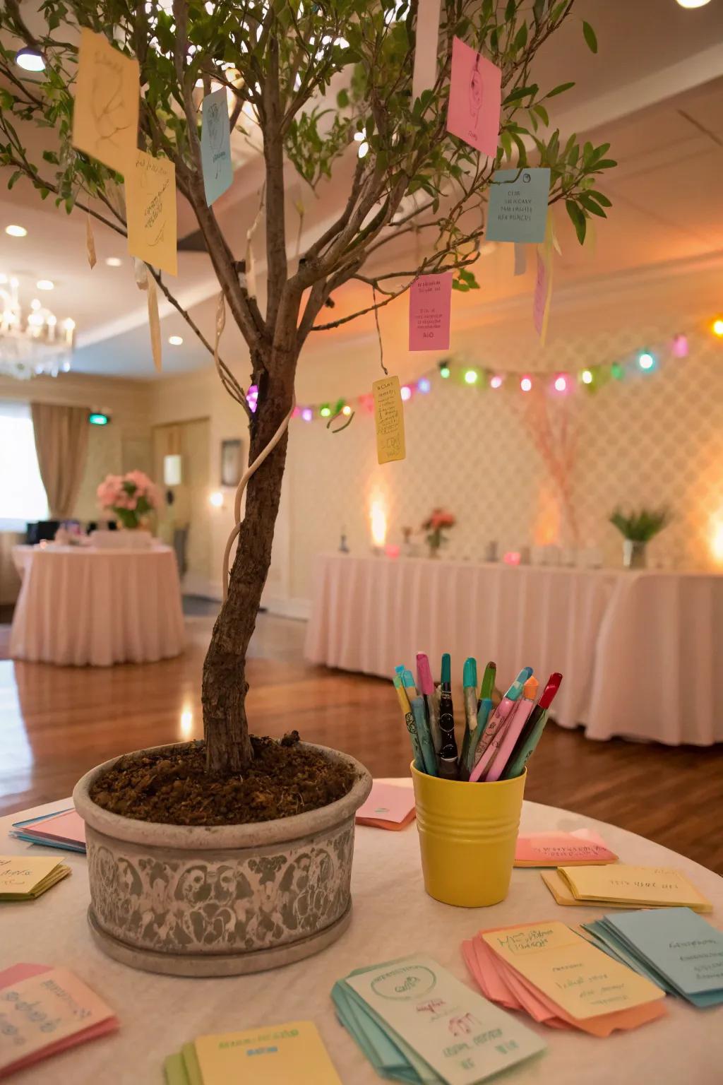 A guidance card tree laden with vividly hued cards and pens.