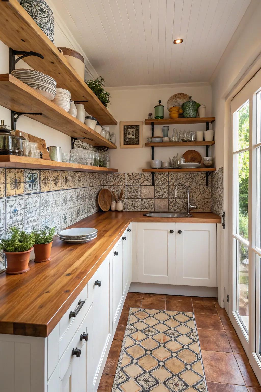 Practical and appealing uncovered shelving in your cooking area.