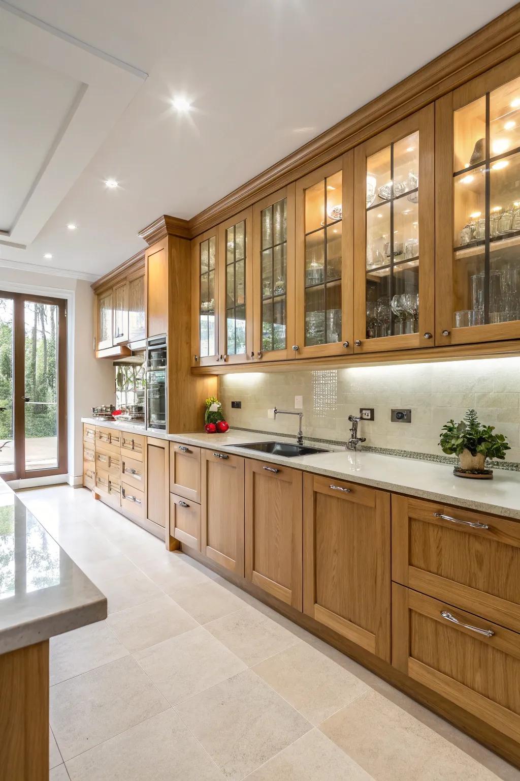 Smooth glassy shapes improve the modern appeal of maple cabinets.