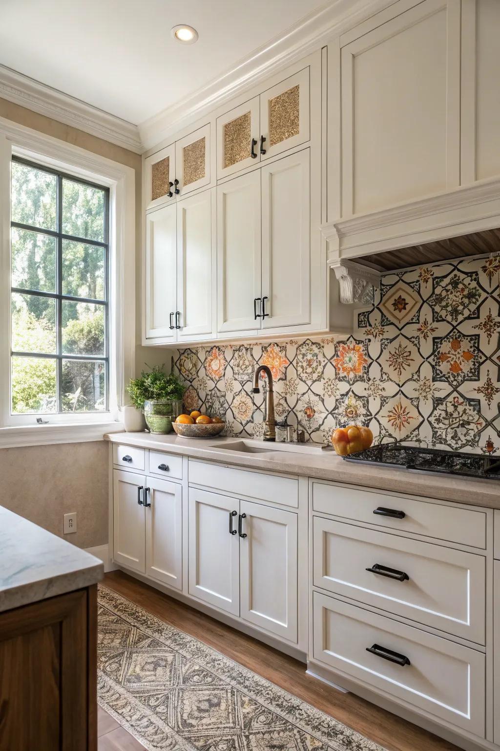 Moroccan tiles introduce pattern and depth to a sleek white kitchen.