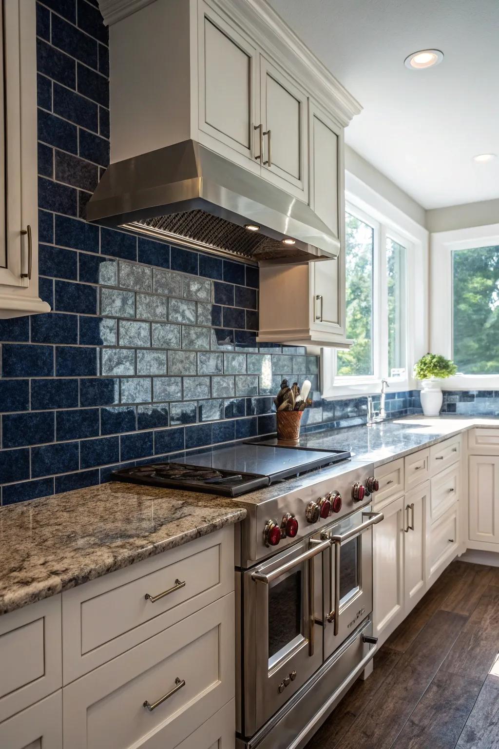 Navy blue tiles provide a striking contrast to fantasy brown granite.