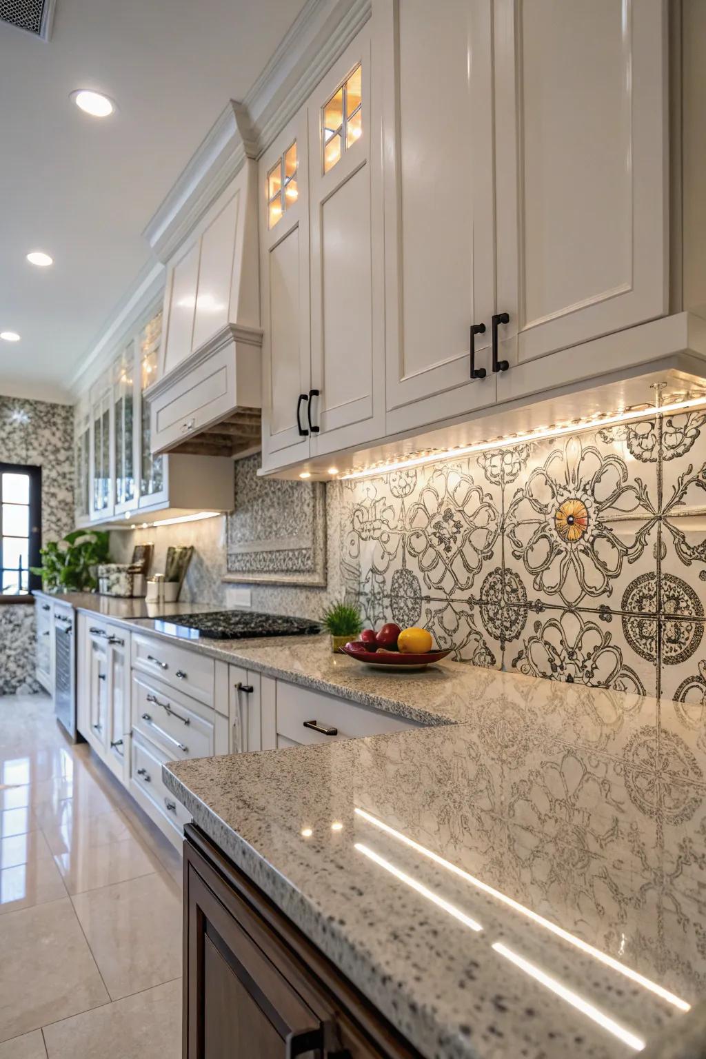 Granite surfaces are made more elegant by elaborate designs.