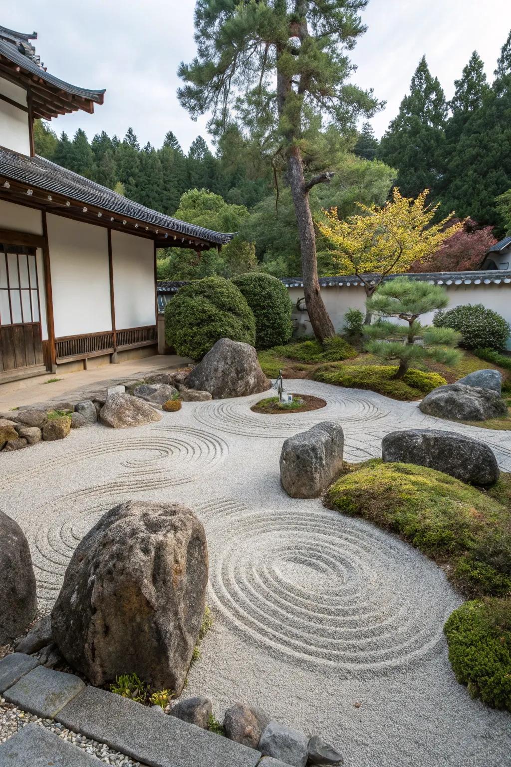 Find peace in a Zen garden featuring decomposed granite and tranquil design elements.