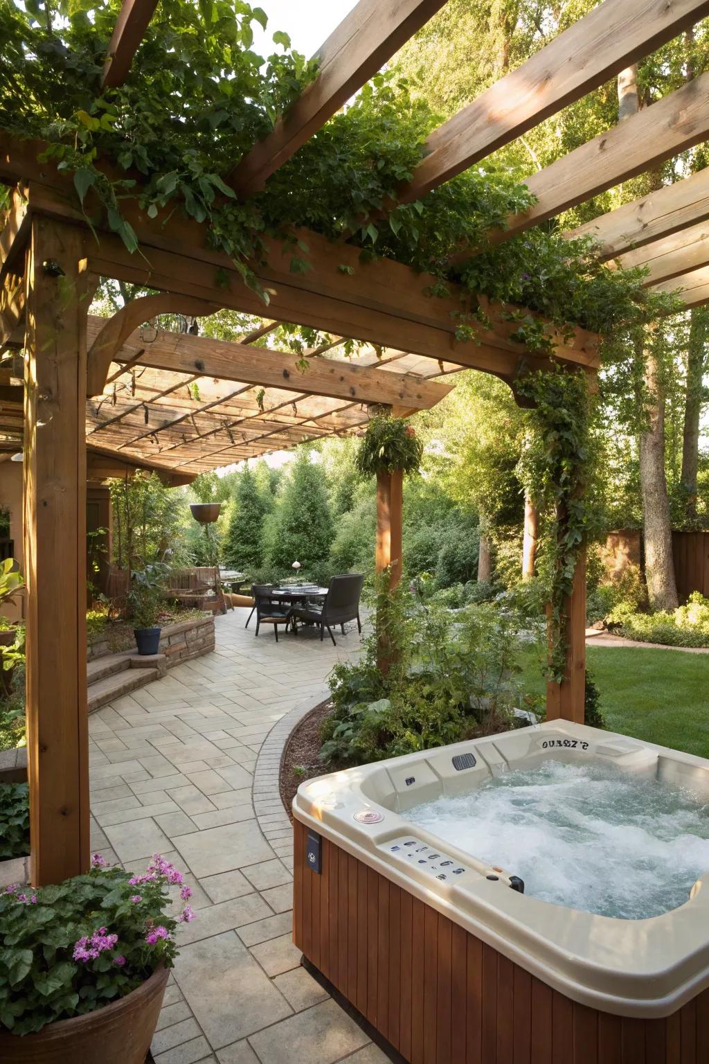 A garden arch delivers shade and refinement to your hot tub area.