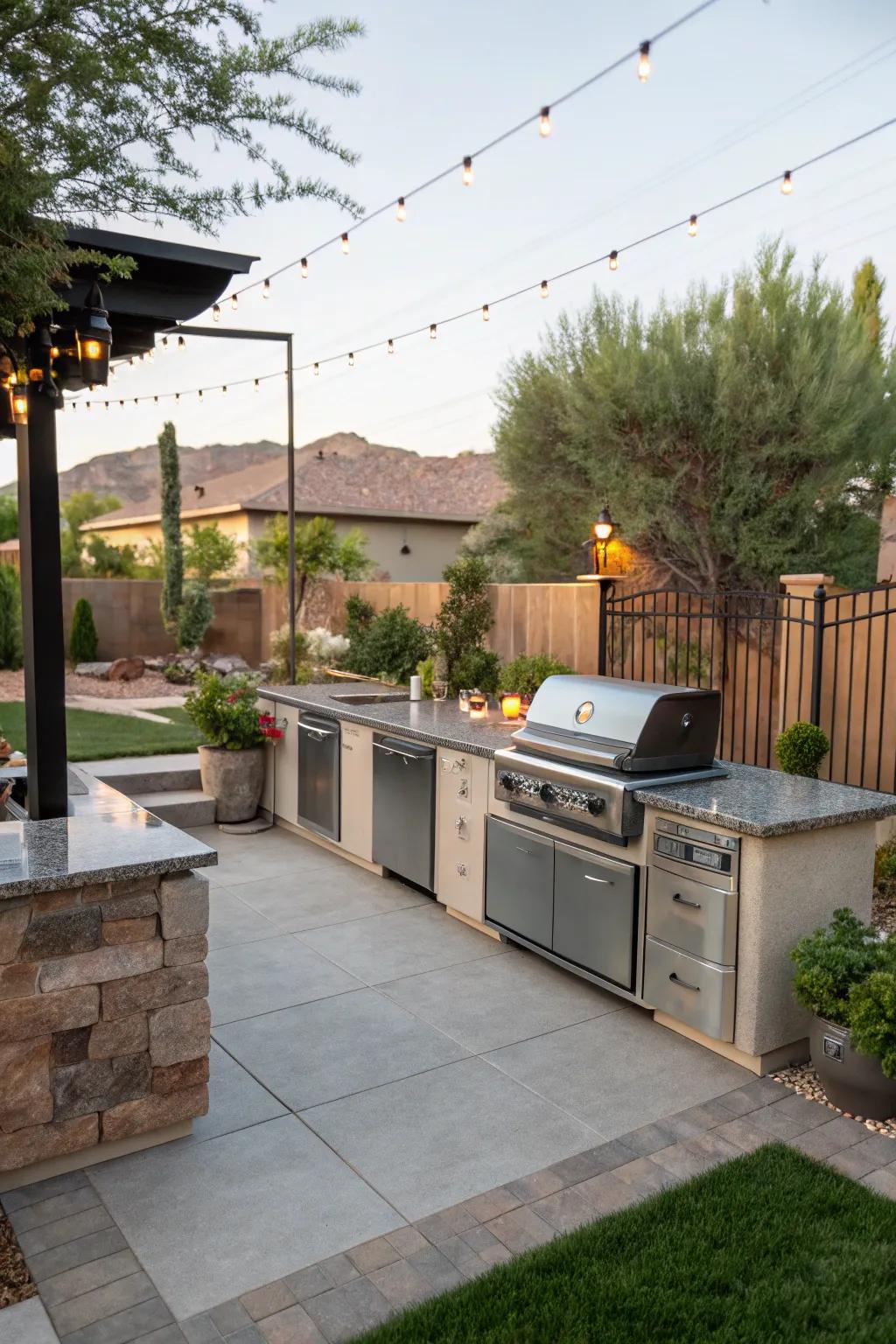 Cook and entertain outdoors using a functional cooking space.