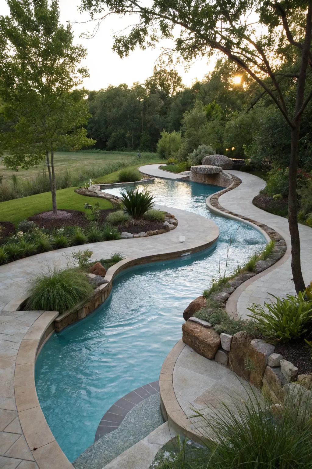 A uniquely shaped lazy river pool that replicates nature's curves.