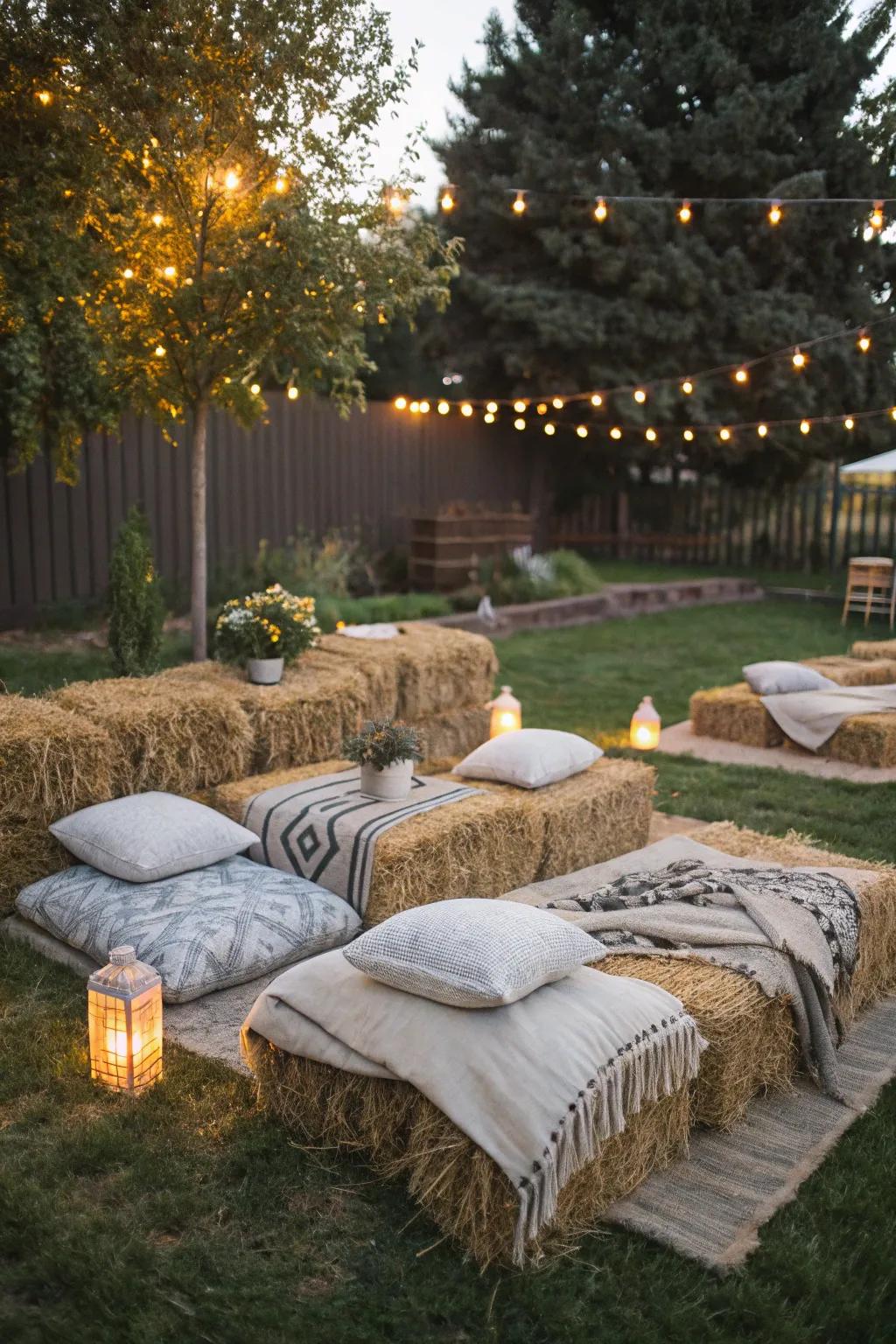 Straw bales give a rustic charm to your backyard movie experience.