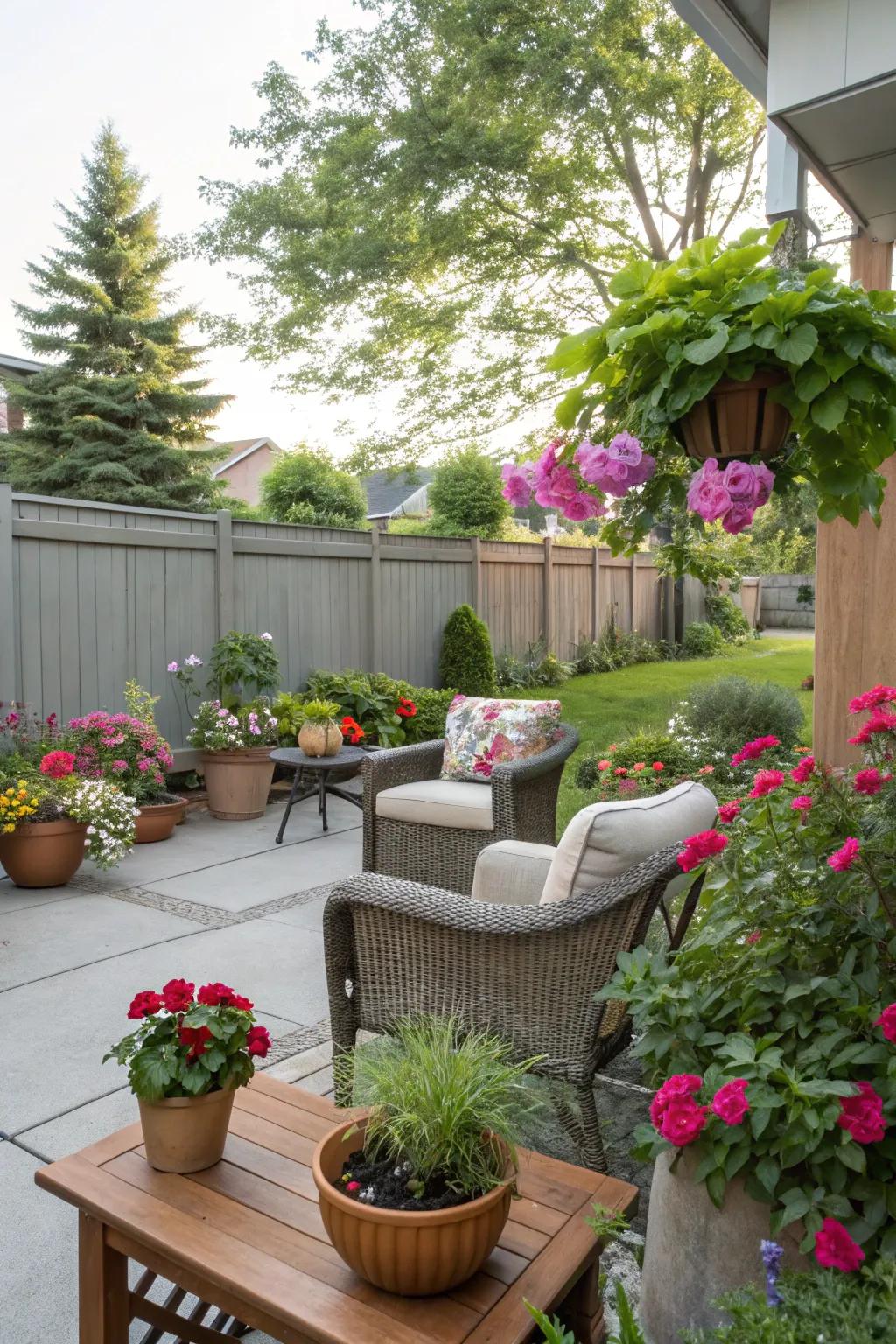 An assortment of potted plants adds color and life to the patio.