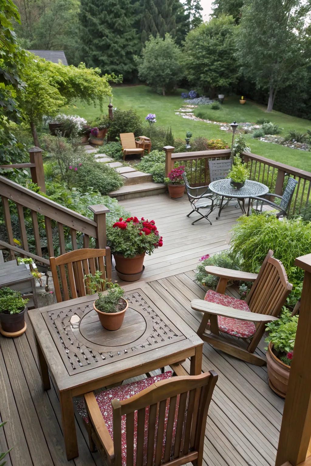 A deck creates a defined and elevated seating area.