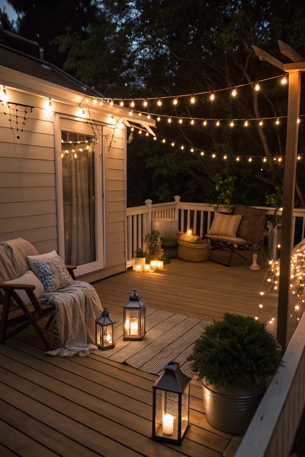 Mood lighting transforms your deck into an after-dark getaway.