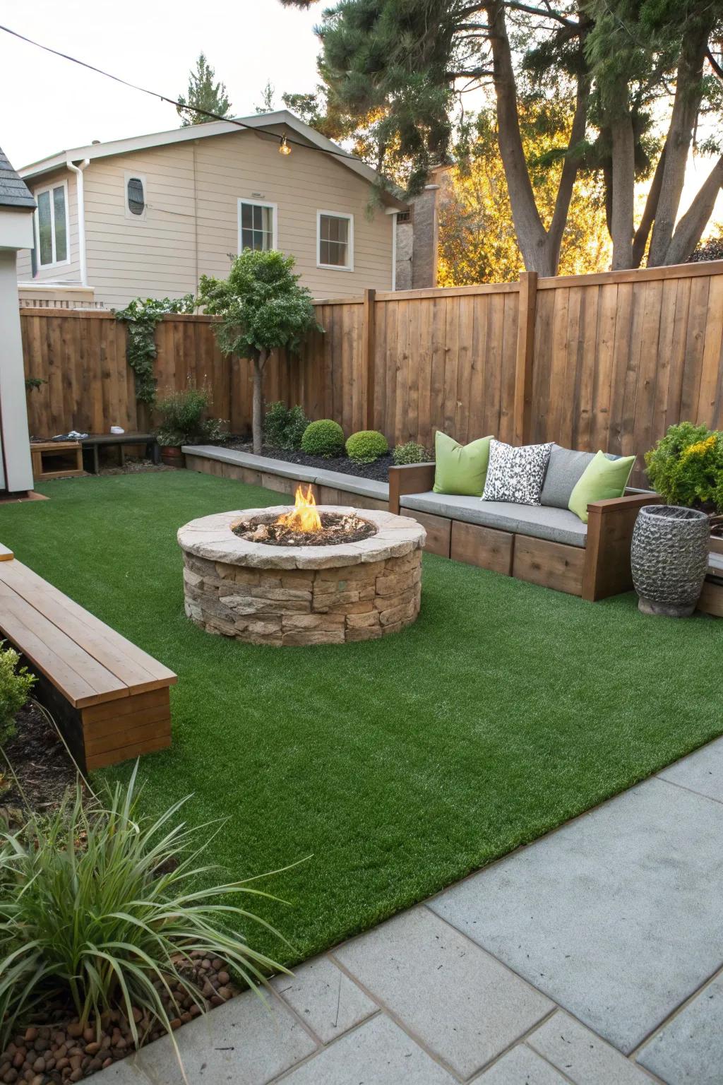 An inviting ember pit set within lush artificial turf.