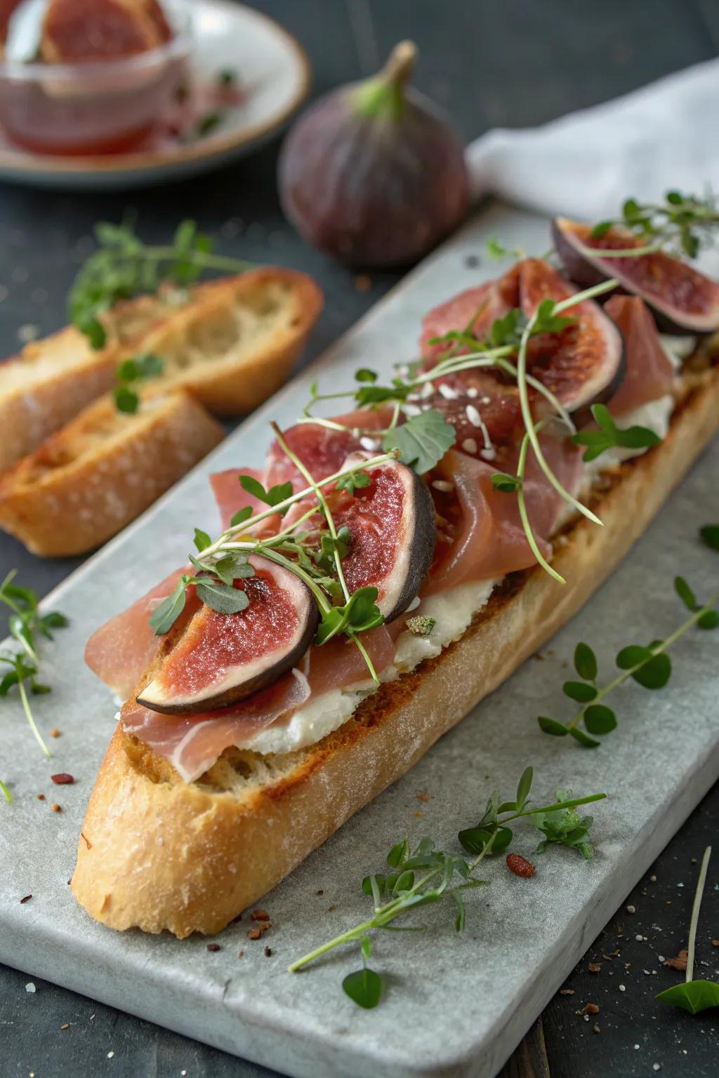 A stylish mix of figs and prosciutto on a baguette.
