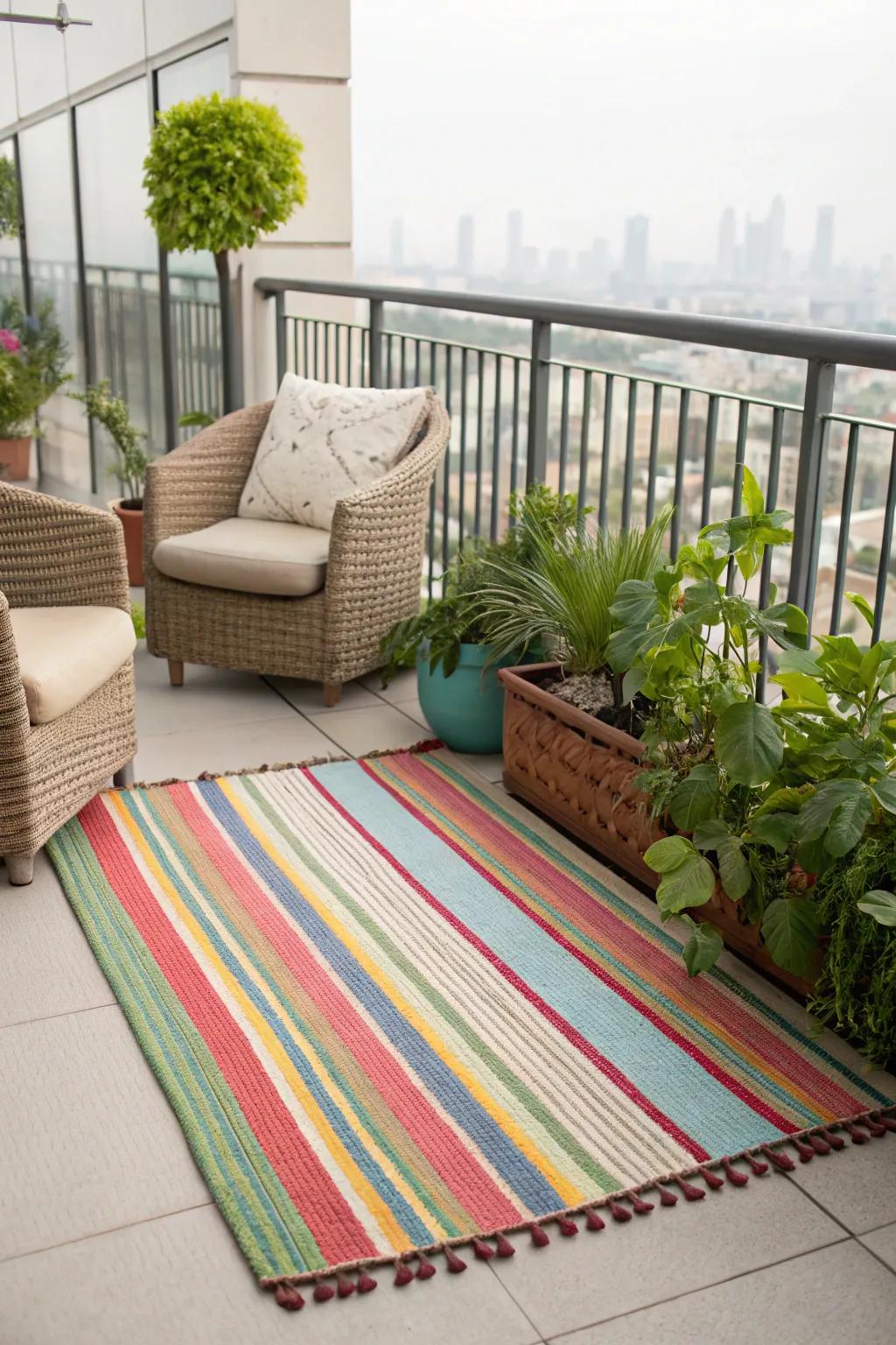 Exterior carpets add color and warmth to your balcony.
