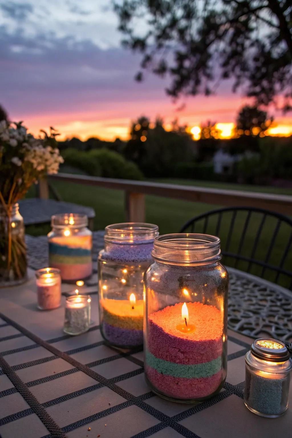 Personalized candle holders made from ball jars create a magical ambiance.