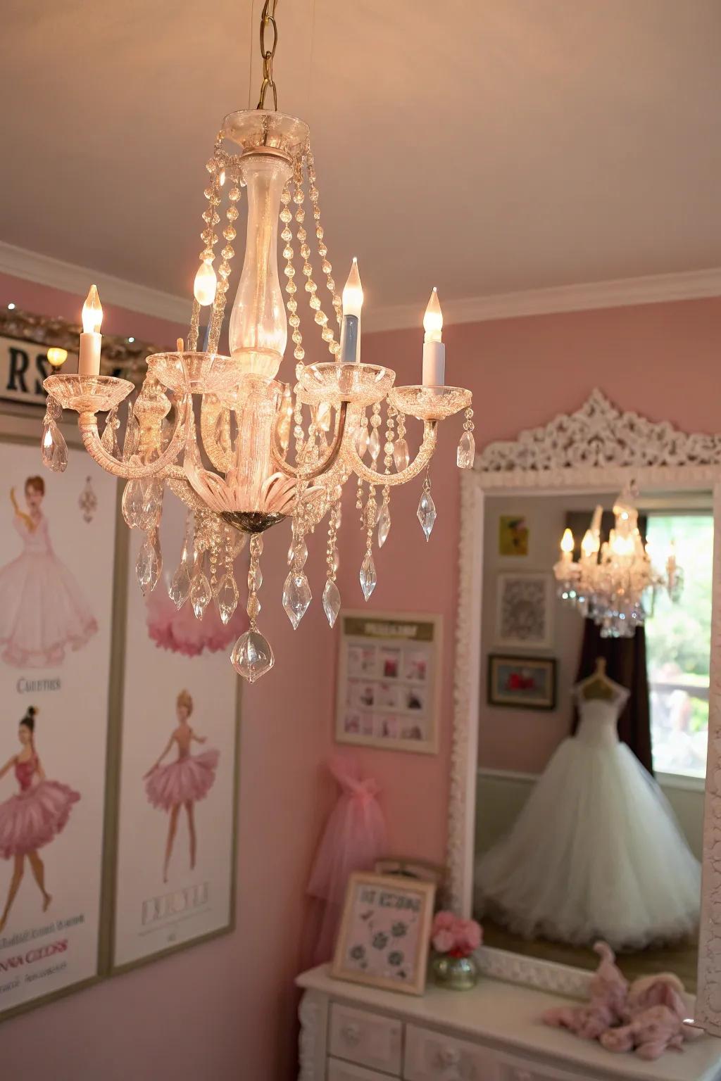 A chandelier elevates the room's elegance with its gentle glow.