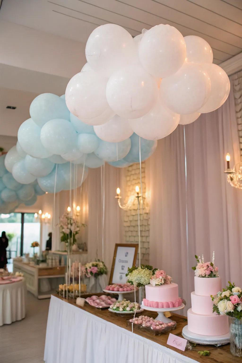 Drifting nimbus balloons fashion an ethereal setting overhead.