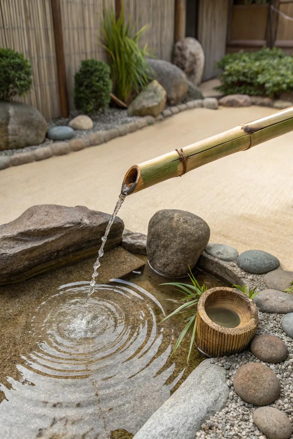 A serene Zen garden complemented by a bamboo fountain.