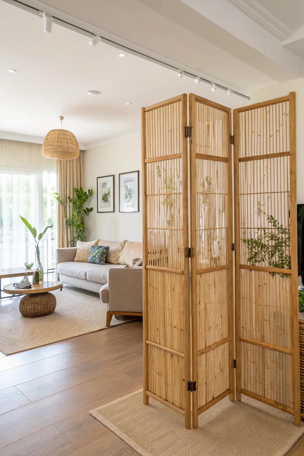 A bamboo privacy screen in an open-plan space