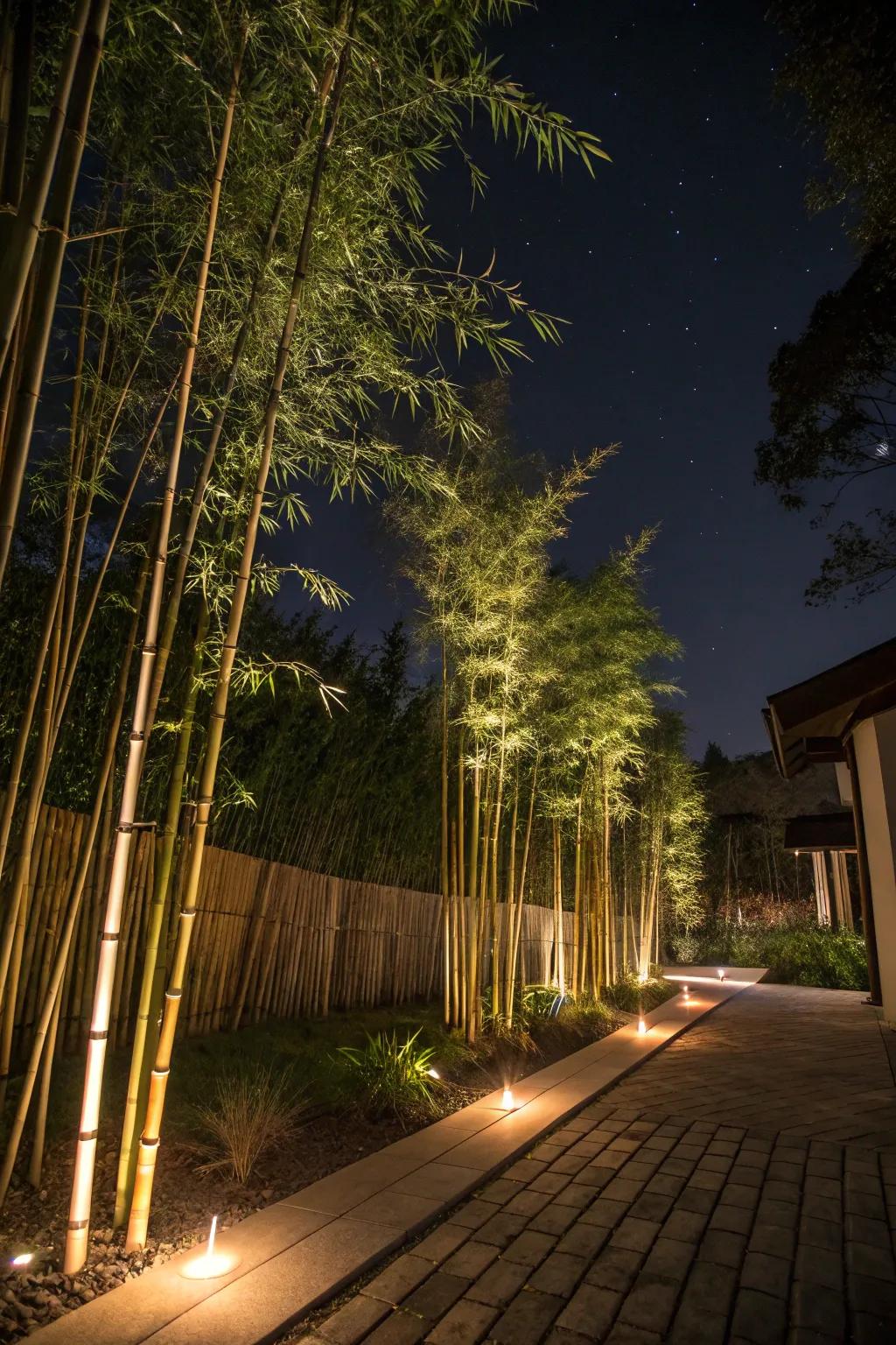 Reed garden lit by gentle lights for a magical night ambiance.