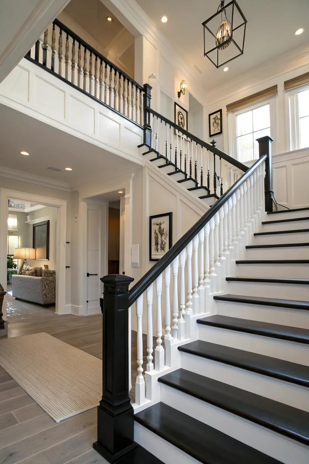 Bold and modern with dark and bright banister contrast.
