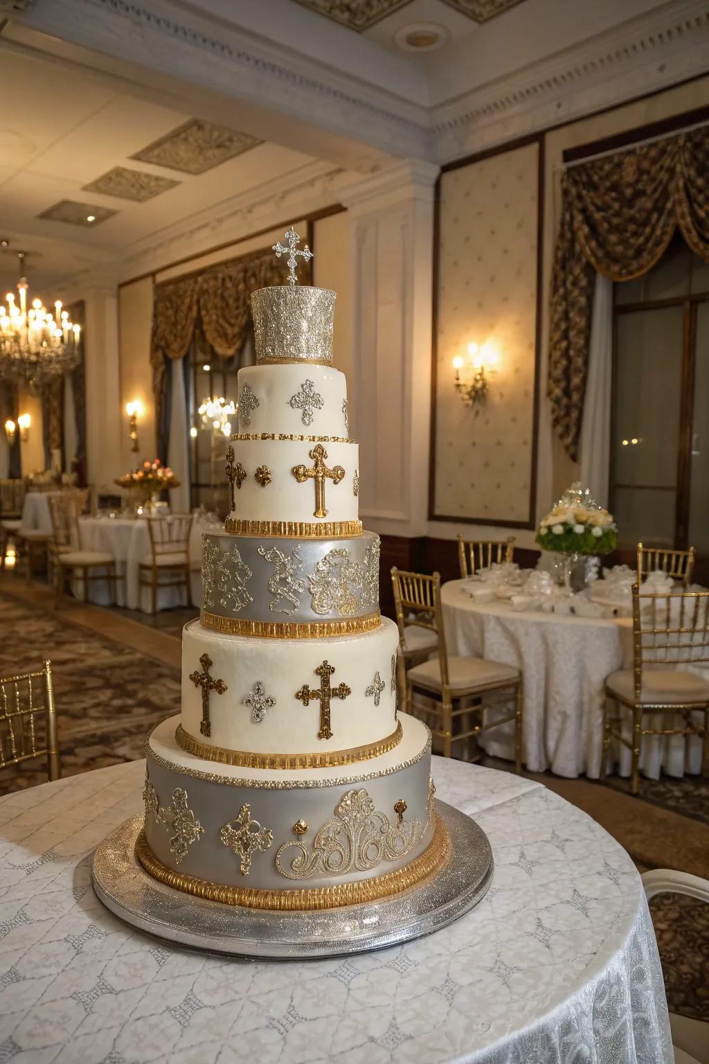 A tiered cake showcasing refined cruciform elements.