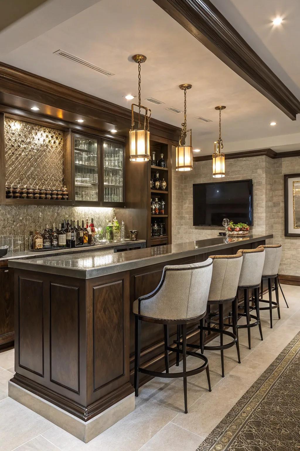 A lavish home bar with a luster touch backsplash and elegant finishes.