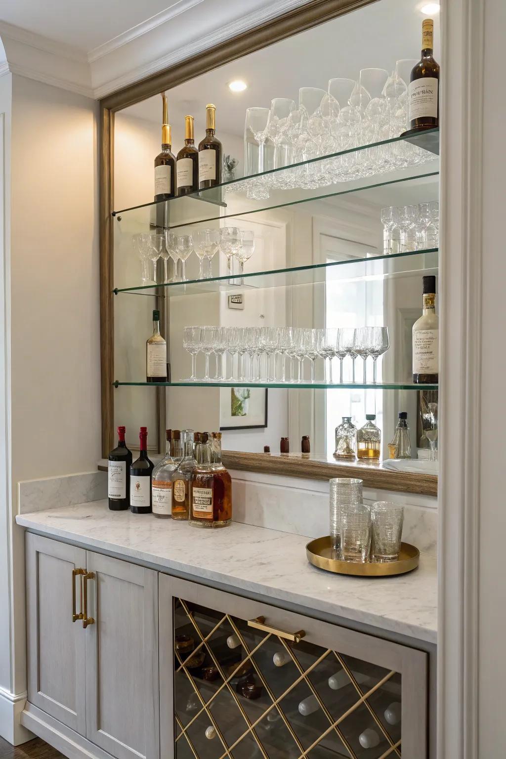 Modern minimalism with mirrored shelves creates a clean and stylish home bar.