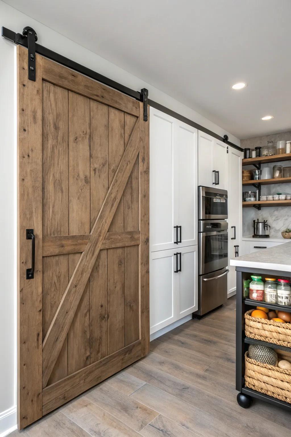 A kitchen featuring a sliding barn door for the pantry, accentuated with minimalist dark-toned fixtures.