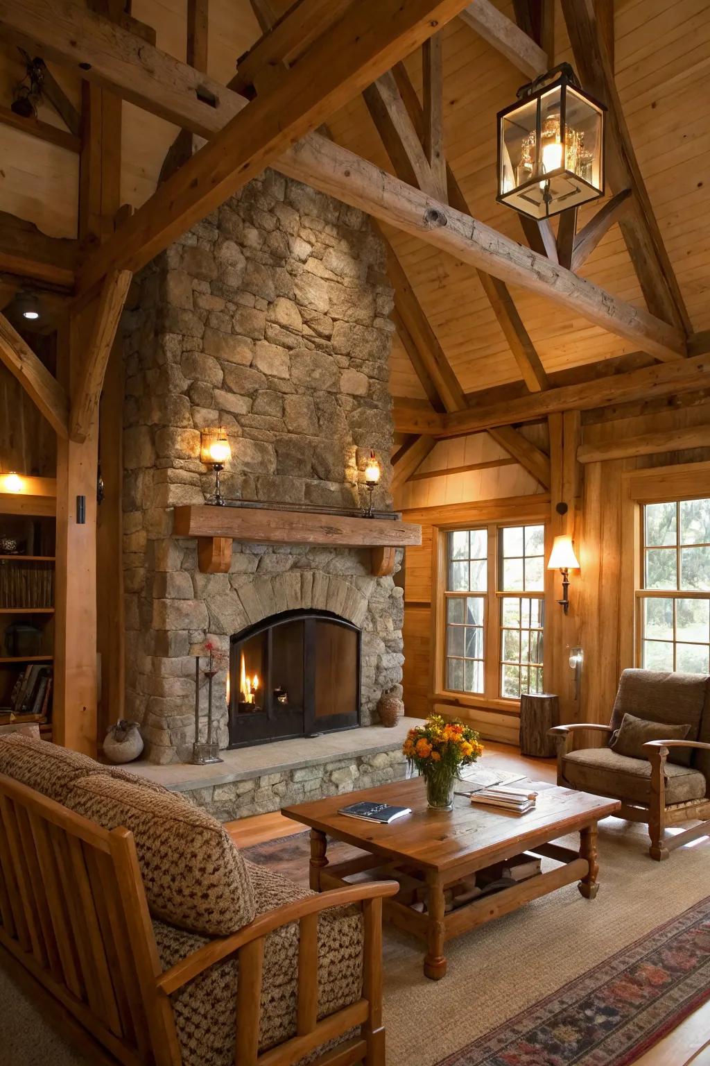 A cozy living area focused around a country-style stone fireplace.