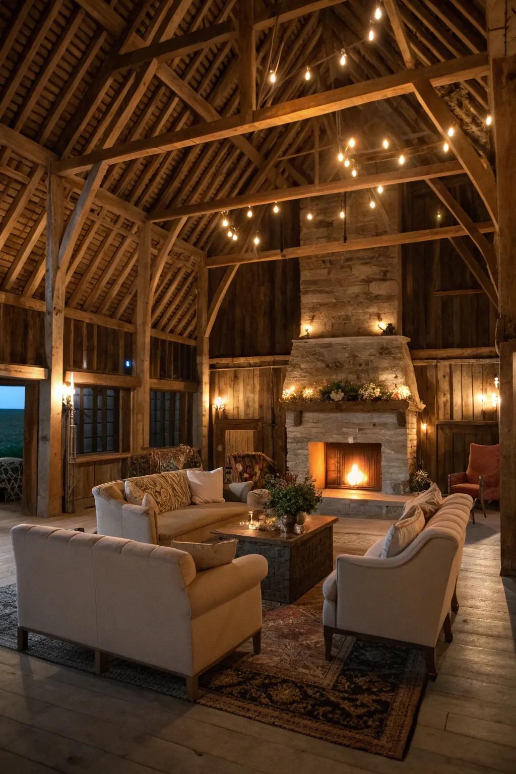 A comfortable barn loft lounge area, featuring seating situated around a central hearth.