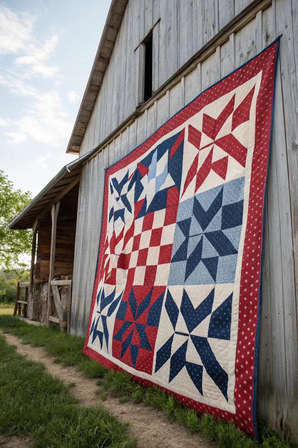 Barn quilt with a patriotic theme.