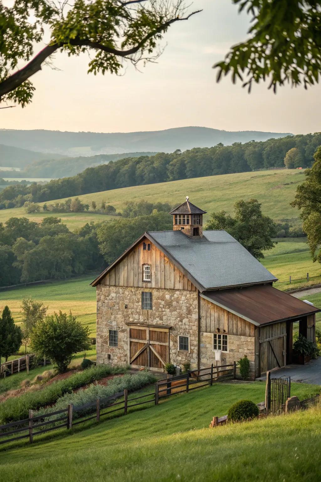 A barn showing stone features that enhance its architectural elegance.