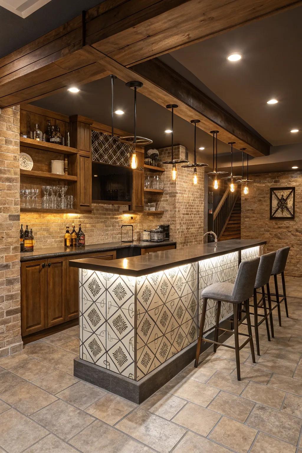 A distinctive backsplash gives personality to your basement bar.