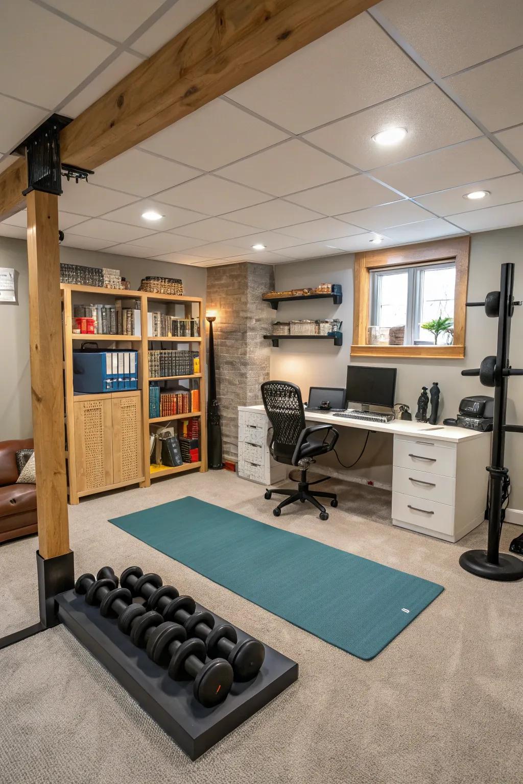 A versatile flexible area for work and fitness.