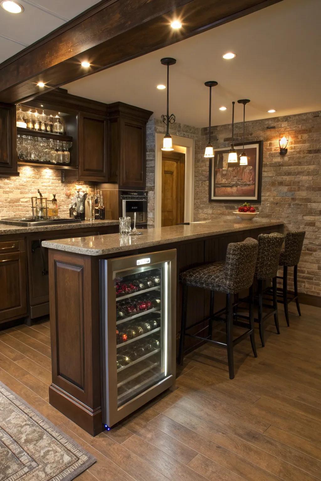 An integrated wine preservation unit perfectly chills your selection.