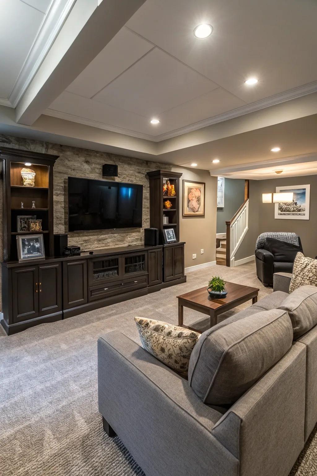 An entertainment hub acts as the focal point of this family-oriented basement.