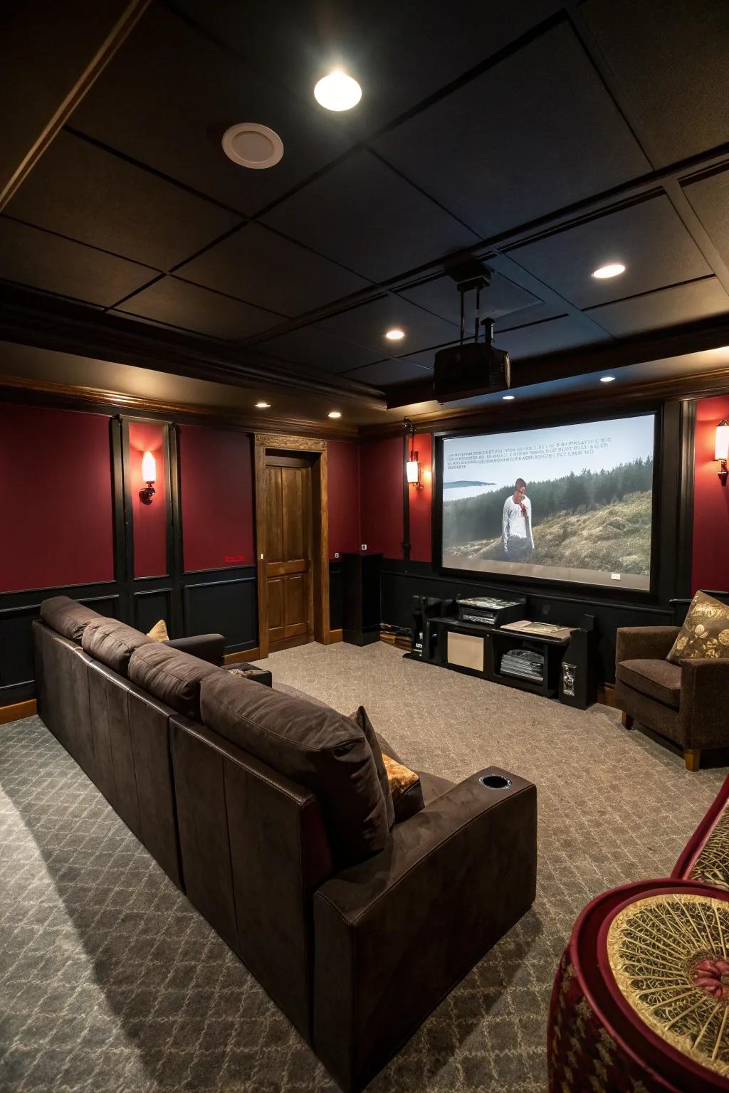 A deep color scheme enriches the cinematic sensation within a media room.