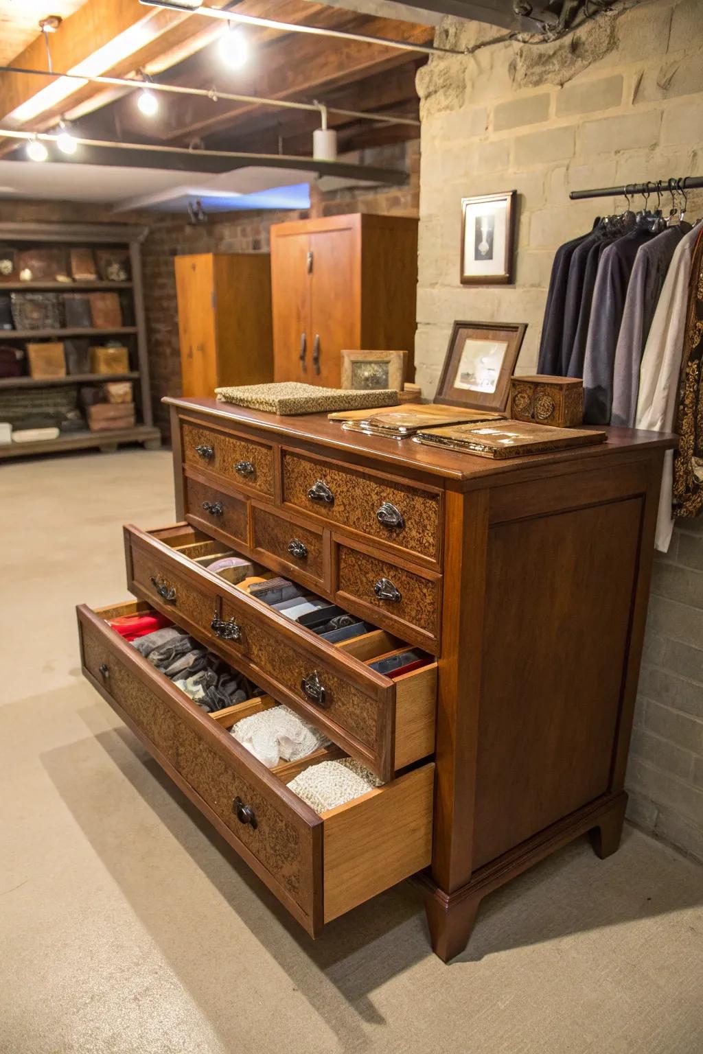Reutilized furniture introduces charm and storage to the basement.